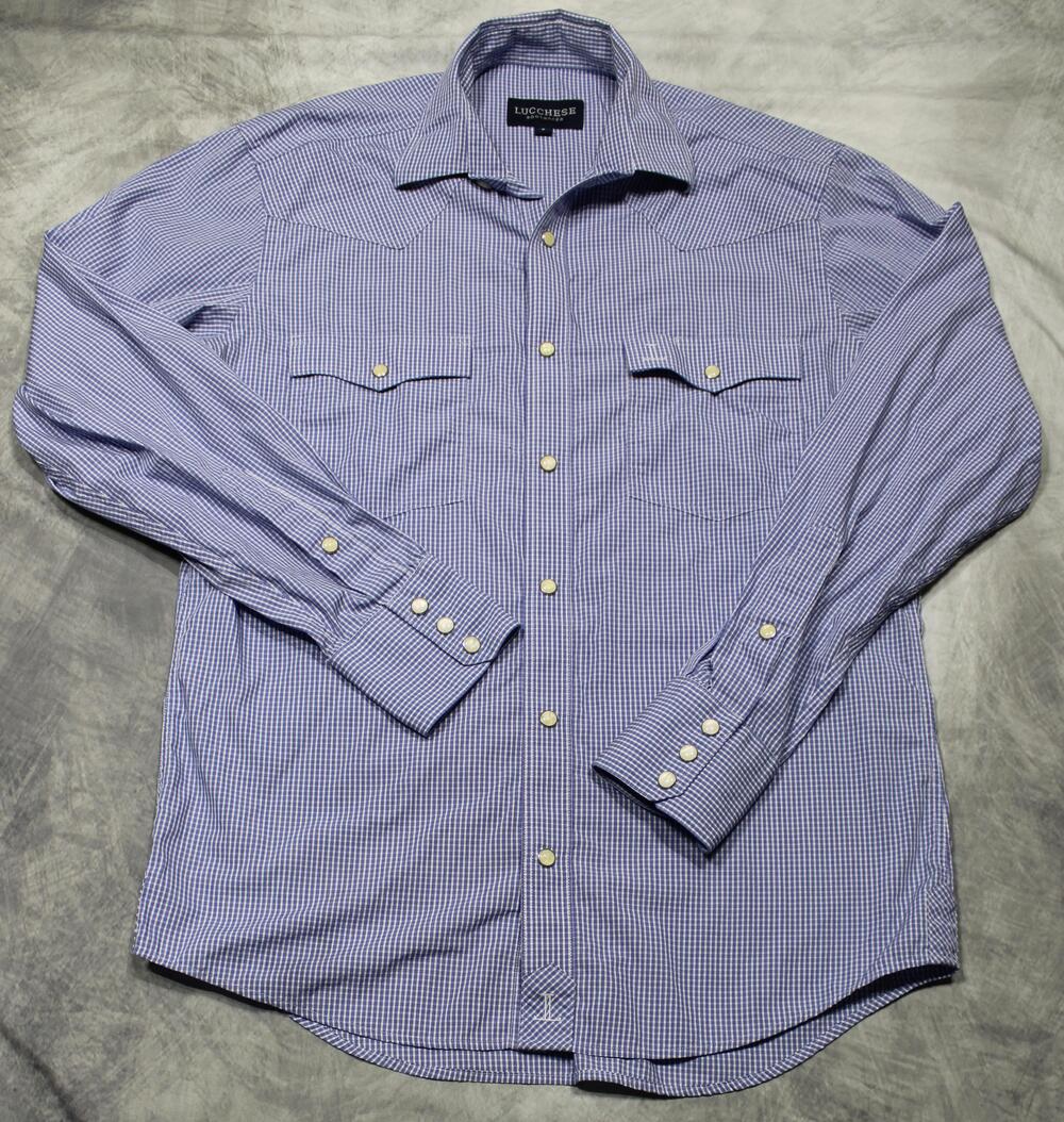 Lucchese Bootmaker Shirt Mens Small Blue Plaid Western Pearl Snap Long Sleeve